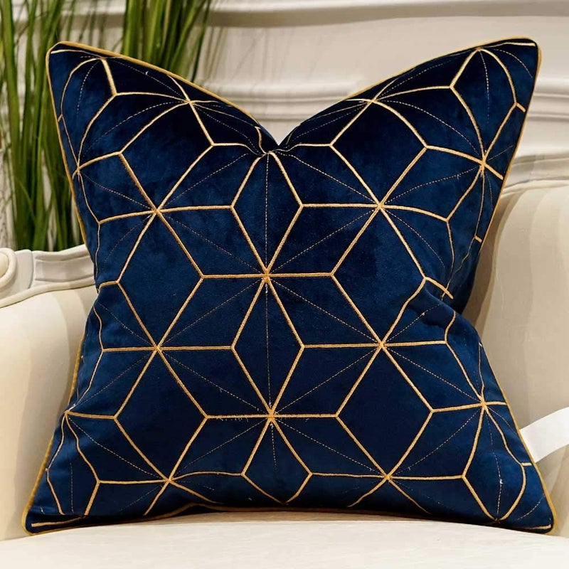 Avigers 20 x 20 Inches Navy Blue Gold Plaid Cushion Case Luxury European Throw Pillow Cover Decorative Pillow for Couch Living Room Bedroom Car - Image 1